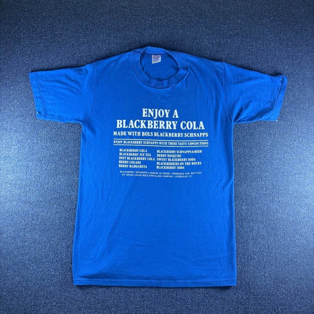 Jerzees Vintage Schnapps Ad Tee Mens M 18.5in Blue Cotton 80s Barware